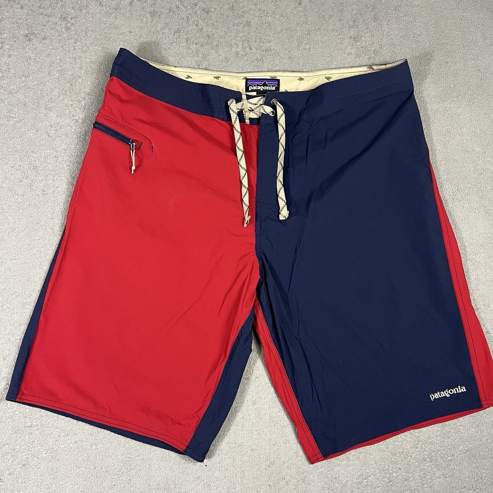 Patagonia Wavefarer Board Shorts Mens 36 Colorblock Navy Red Swim Trunks EUC